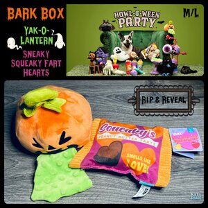 Bark Box Halloween Pumpkin Yak-O-Lantern NWOT & Sneaky Squeaky Fart Hearts